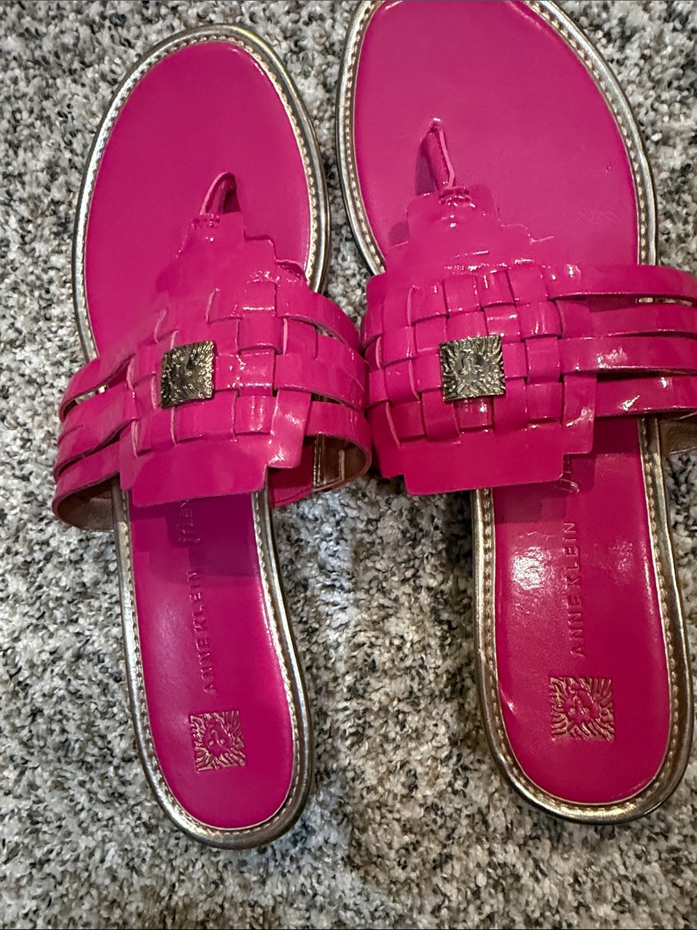 Anne Klein Bright Pink Woven Slide Sandals with Gold Accent